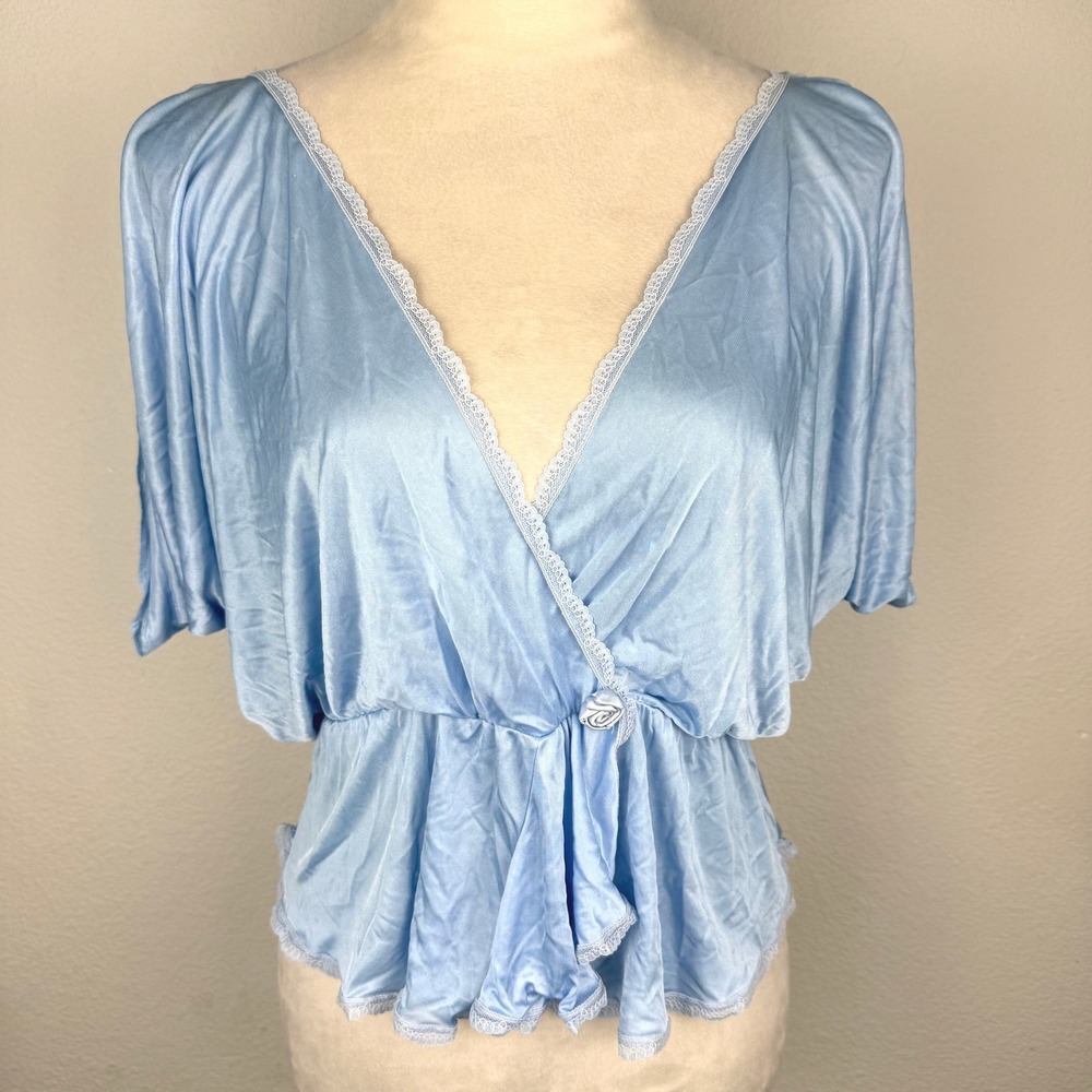 Vintage 1970's Flair Blue Satin Lace Trim Rose Accent Peplum Top Flowy Sz Small